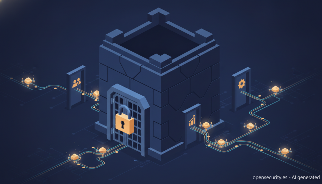 Ilustración de un edificio protegido al que se accede por puertas laterales de proveedores de software