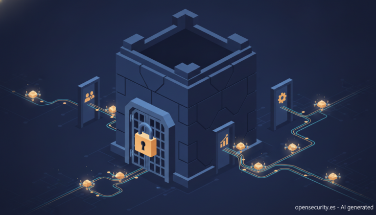 Ilustración de un edificio protegido al que se accede por puertas laterales de proveedores de software