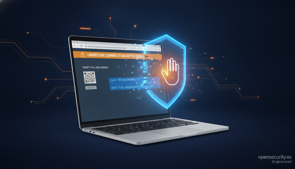 Navegador que avisa de un comando sospechoso copiado en un ataque ClickFix