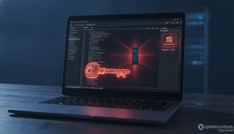 Portátil de desarrollador con un editor de código y una llave digital roja infiltrándose, ilustrando la extensión maliciosa de Claude Code en Cursor