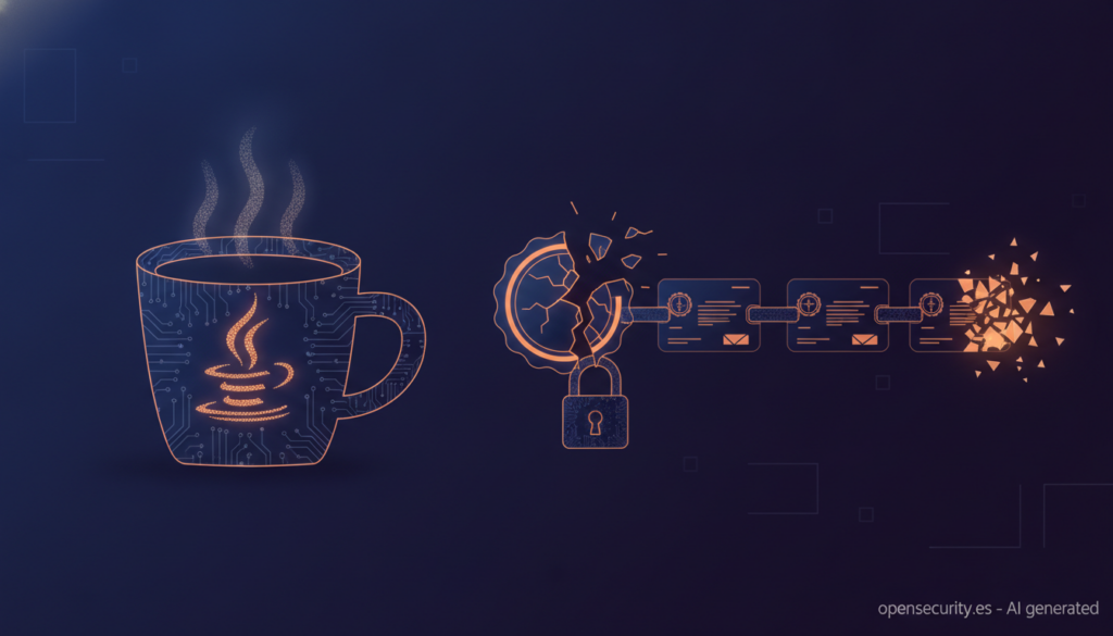 Ilustración de un certificado digital roto junto a una taza de café de circuitos, en alusión a las alertas de Java