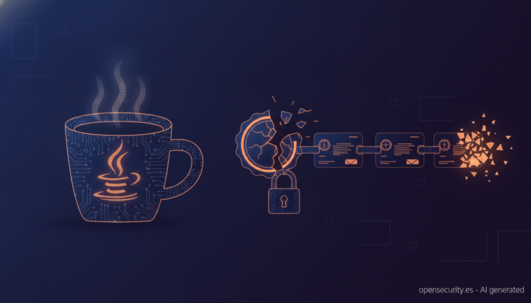 Ilustración de un certificado digital roto junto a una taza de café de circuitos, en alusión a las alertas de Java