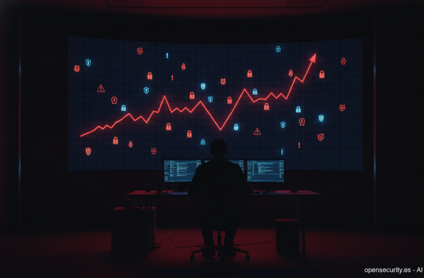 Sala de seguridad con una pantalla que muestra una curva ascendente de vulnerabilidades
