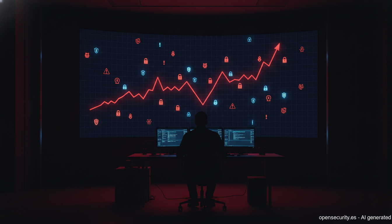 Sala de seguridad con una pantalla que muestra una curva ascendente de vulnerabilidades