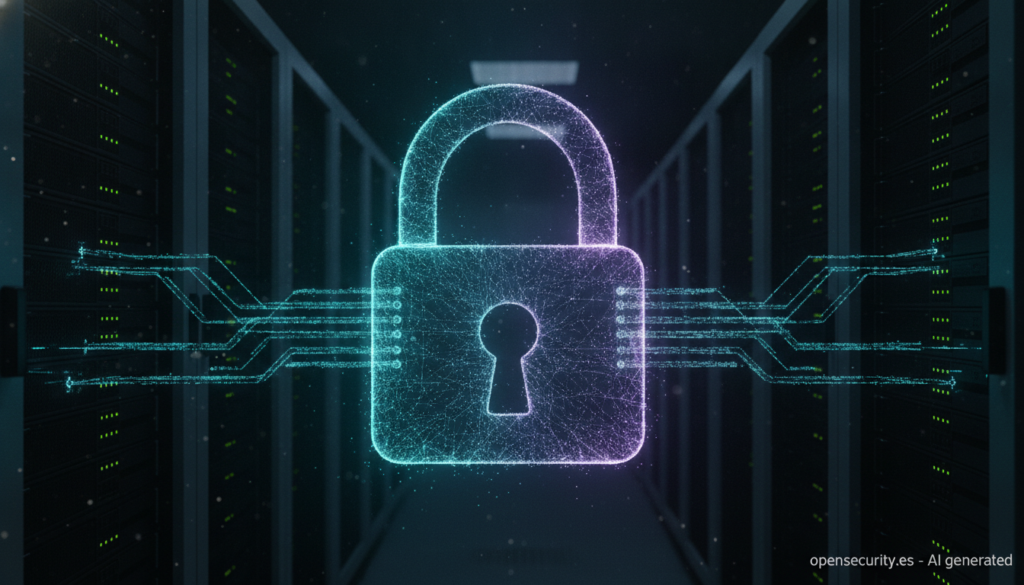 Candado luminoso sobre servidores que representa el cifrado TLS de OpenSSL