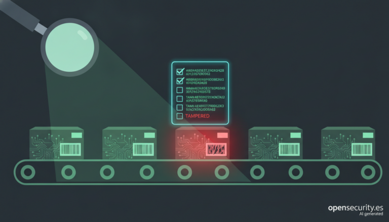 Ilustración de una lupa que detecta un paquete de software manipulado en una cadena de suministro