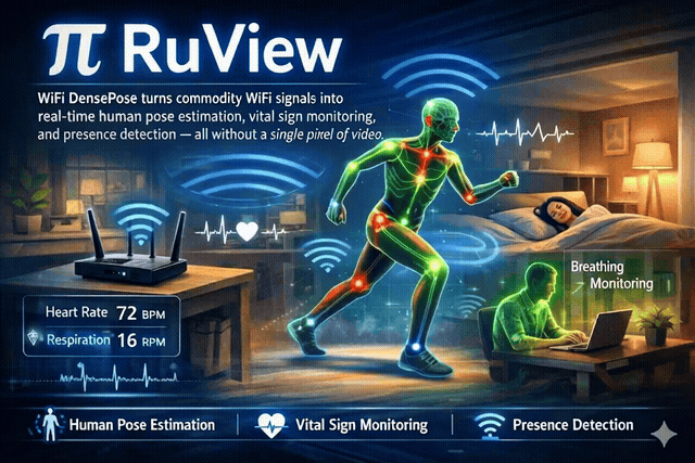 Visualización de RuView estimando postura, respiración y ritmo cardíaco a partir de señales WiFi