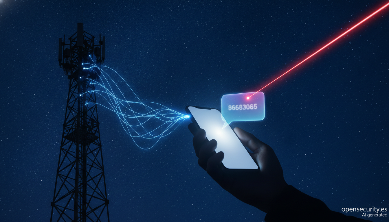 Antena de telefonía móvil de noche con líneas de datos hacia un móvil y un mensaje SMS interceptado, ilustración de la vigilancia por SS7 y Diameter